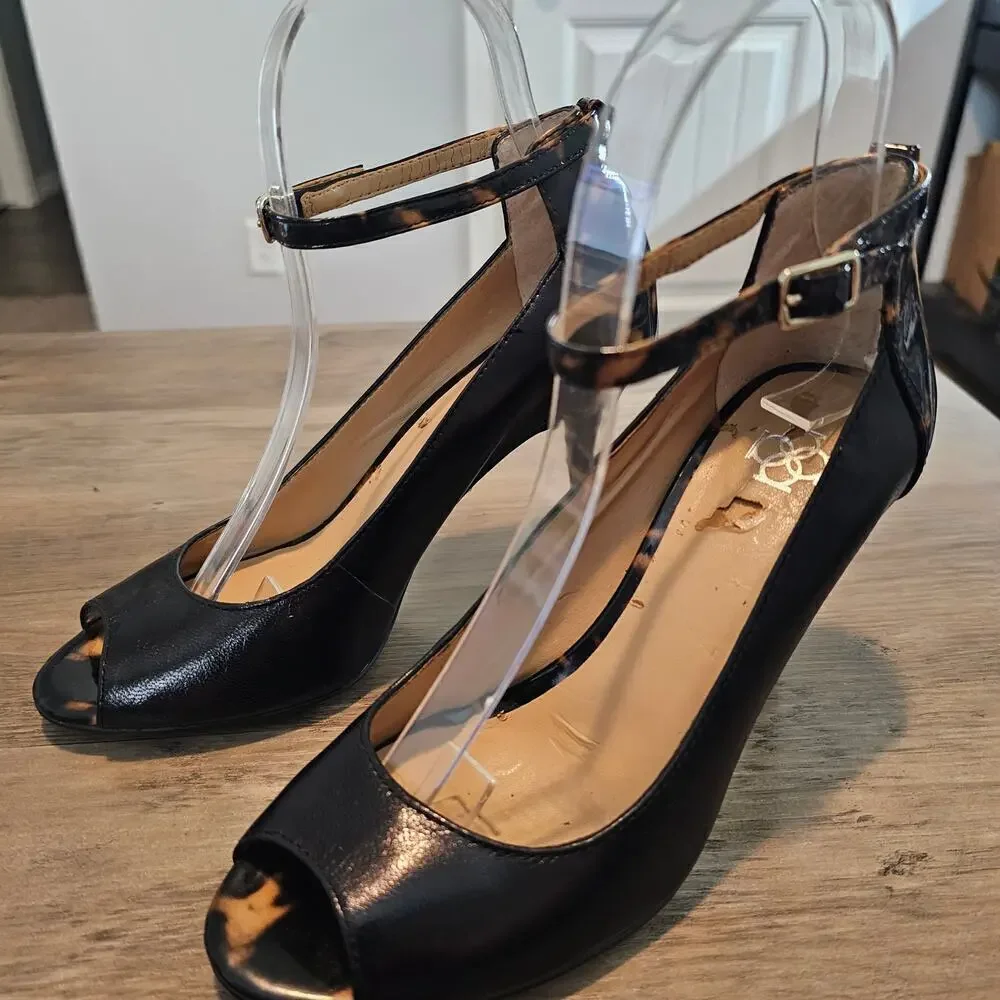 Ann Taylor Viola Heels Womens Size 6 Black Leather Tortoise Ankle Strap Glam